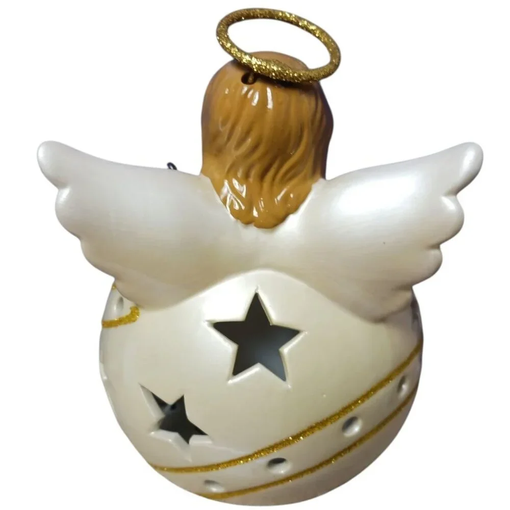 QVC Ceramic Angel Flameless Candle Luminaries Ornament Gold Glitter cream